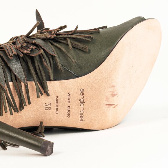 Sergio Rossi Green Leather Fringe Peep-Toe Bootie - Picture 5 of 11